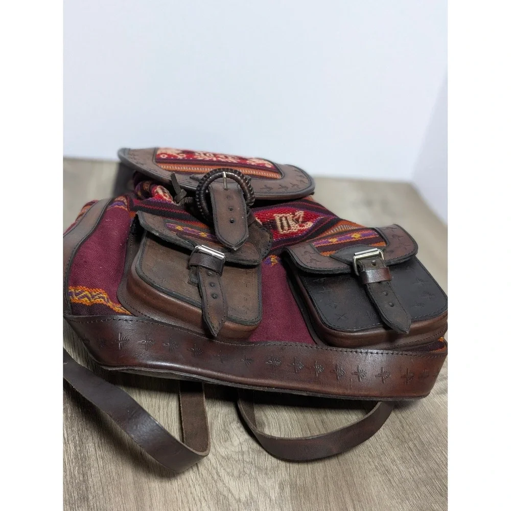 Handcrafted Tooled Leather‎ Bohemian Backpack Aztec Burgundy Brown
